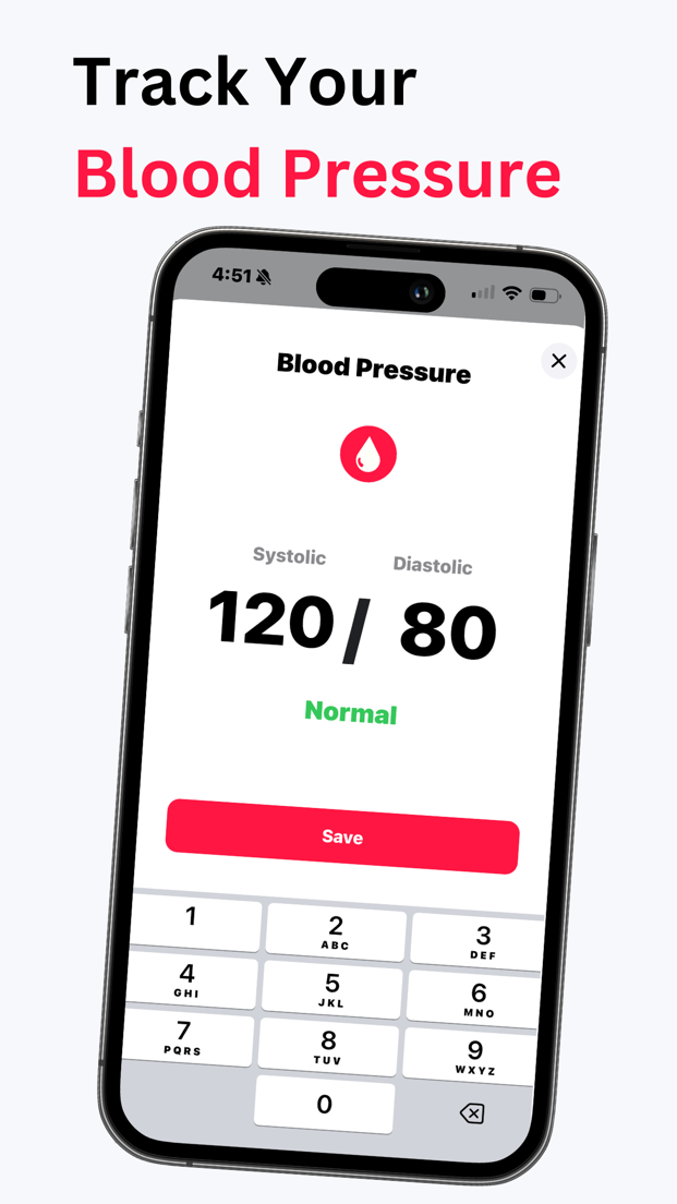 Blood pressure entry in Pulse Tracker: 120 over 80, classified as Normal